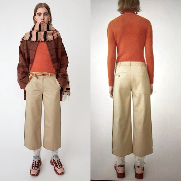 Acne Studios Pants - ACNE STUDIOS RELAXED FIT SAND BEIGE CROPPED WIDE LEG 100% COTTON TWILL TROUSER